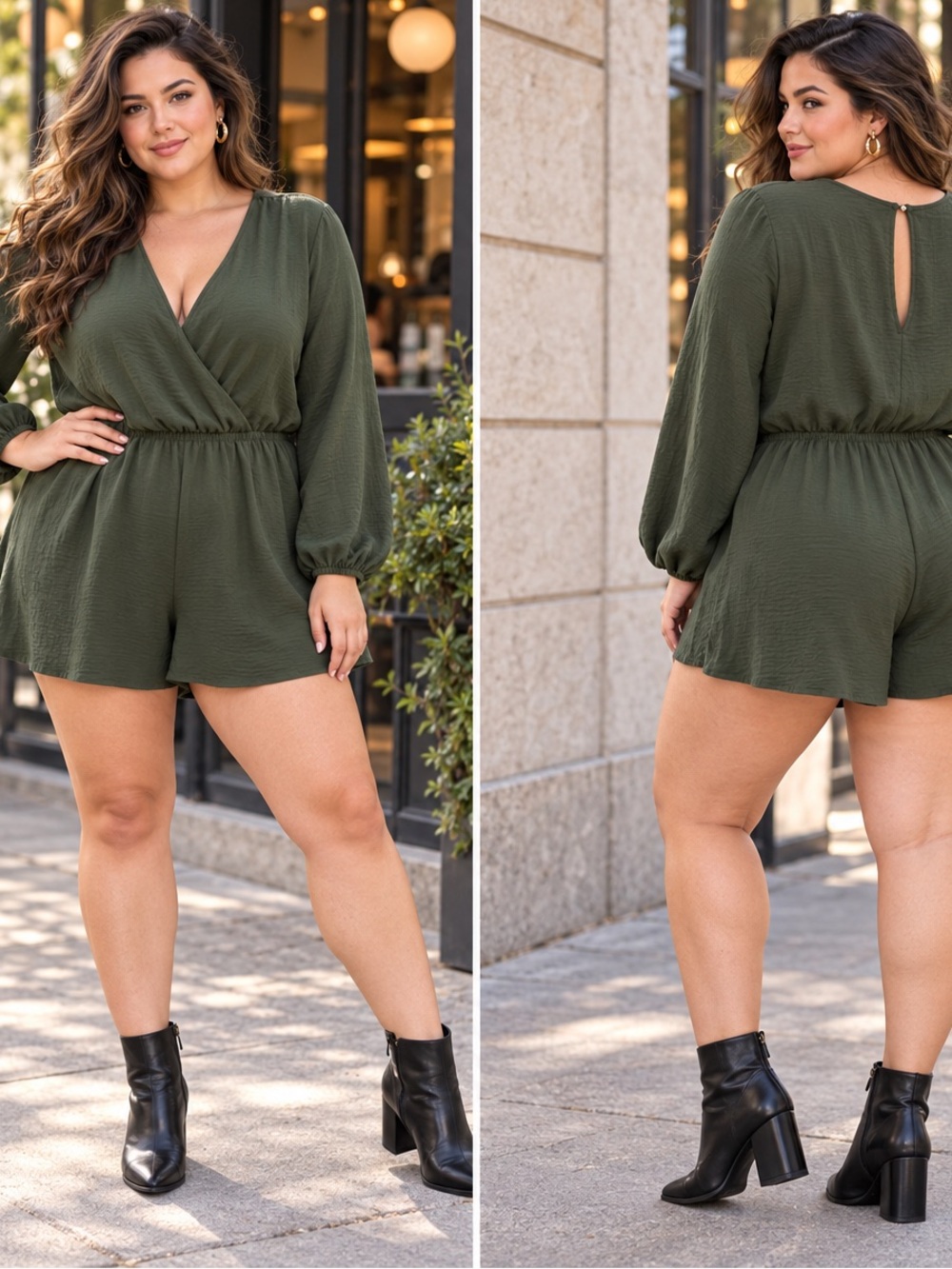 Fashion Nova Plus Olive Green Long-Sleeve Surplice Romper